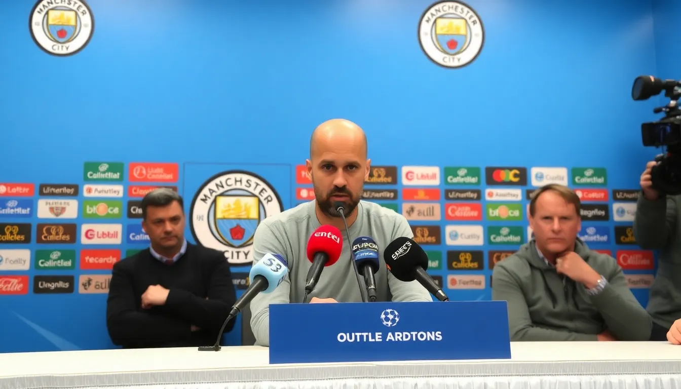 Pep Guardiola stands on the sidelines during a tense match at Manchester City, with fans in the background anxiously watching the game unfold as uncertainty about his future looms.
