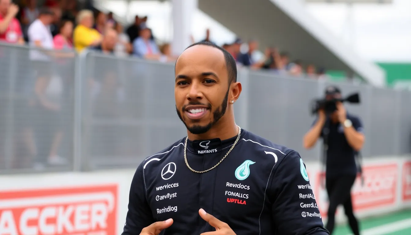 Lewis Hamilton smiles and gestures enthusiastically while standing next to his Formula 1 car, showcasing his excitement for the upcoming racing season.