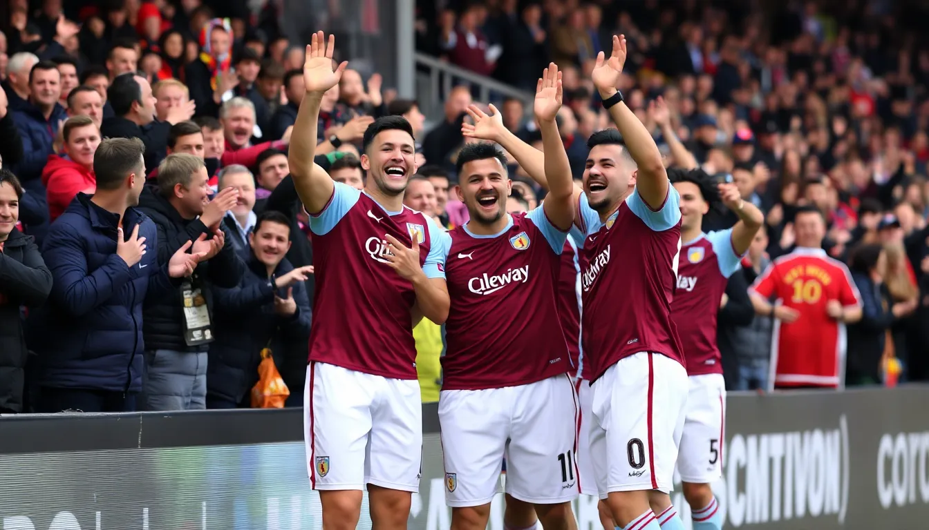 Aston Villa players celebrate a crucial victory on the pitch, surrounded by cheering fans waving flags and banners in support of their Champions League aspirations.