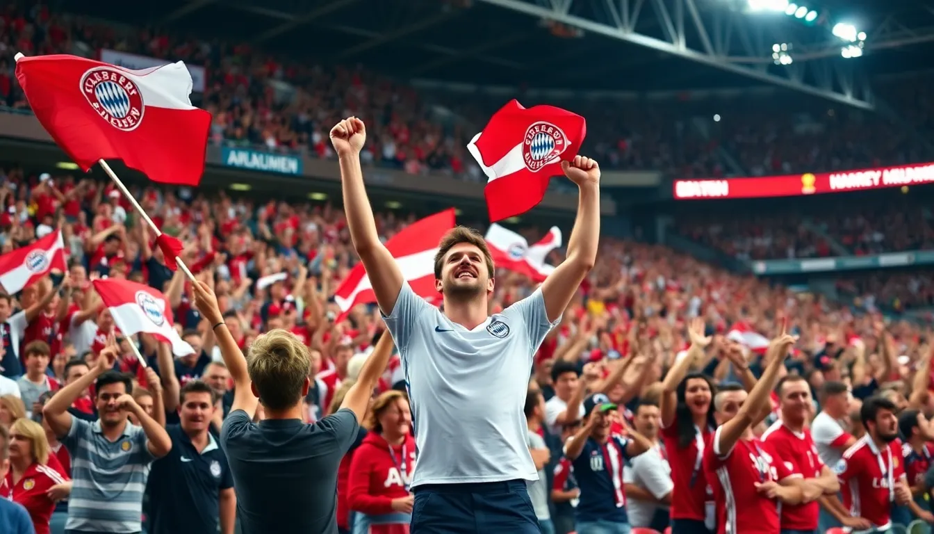 A packed stadium showcasing the electric atmosphere as fans cheer for their favorite Bundesliga teams in a Champions League clash
