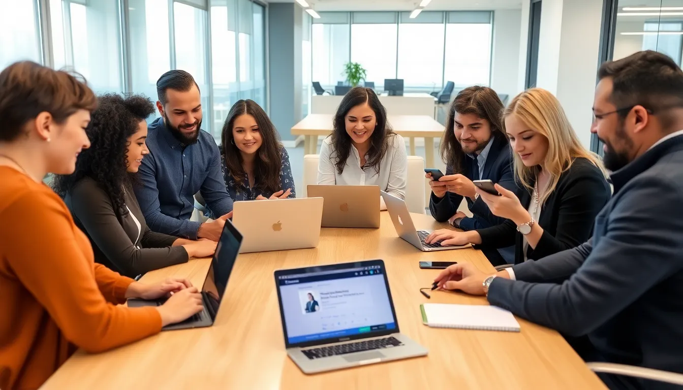 A group of professionals participates in a virtual meeting, engaging with each other through video conferencing technology while discussing strategies for effective communication.