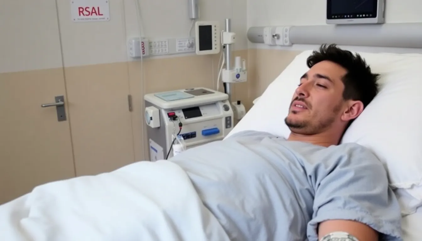 Ruibal is seen leaving the hospital in Barcelona on crutches after successfully undergoing meniscus surgery, with a supportive crowd of fans and teammates gathered outside.