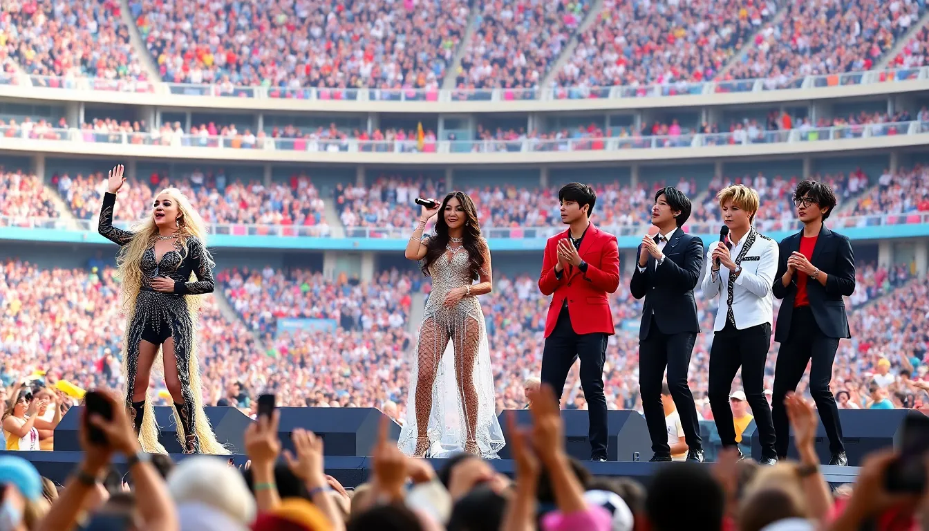 BTS engaging fans with their modern sound and powerful choreography, bridging cultural gaps during the World Cup halftime show