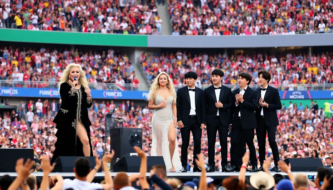 Madonna delivering a theatrical performance, showcasing her extensive catalog and unique style to an enthusiastic crowd