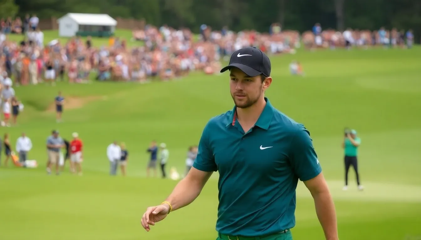 Rory McIlroy celebrates after completing a bogeyfree round during the tournament, surrounded by enthusiastic fans and fellow competitors.