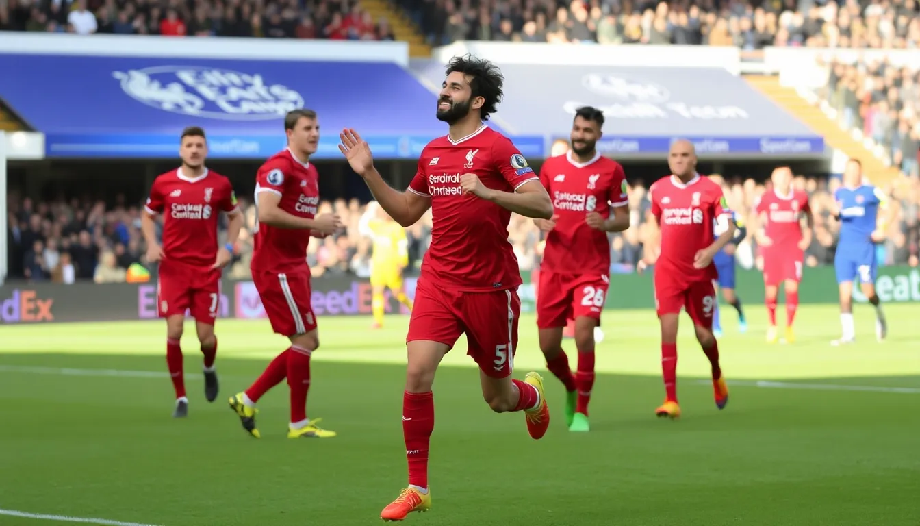 モハメド・サラーが試合中に決定的なゴールを決め、チームを勝利に導く瞬間を捉えたシーン。