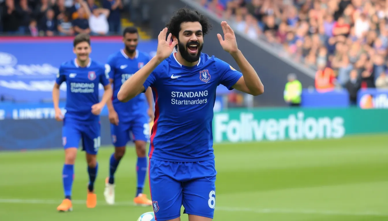 サッカー場でのサラーがファンの応援を受けて力強くプレーする姿