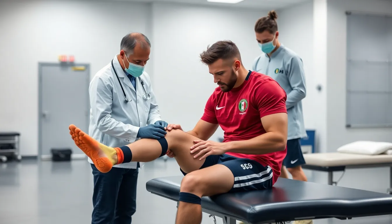Nico sits on the training field with a concerned expression while medical staff examine his leg after sustaining a muscle injury during practice.