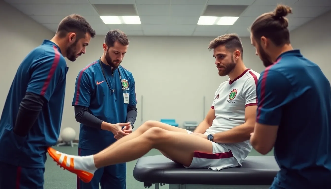 The national team's coach discussing strategies with assistants, visibly anxious about Nico's potential absence from the World Cup