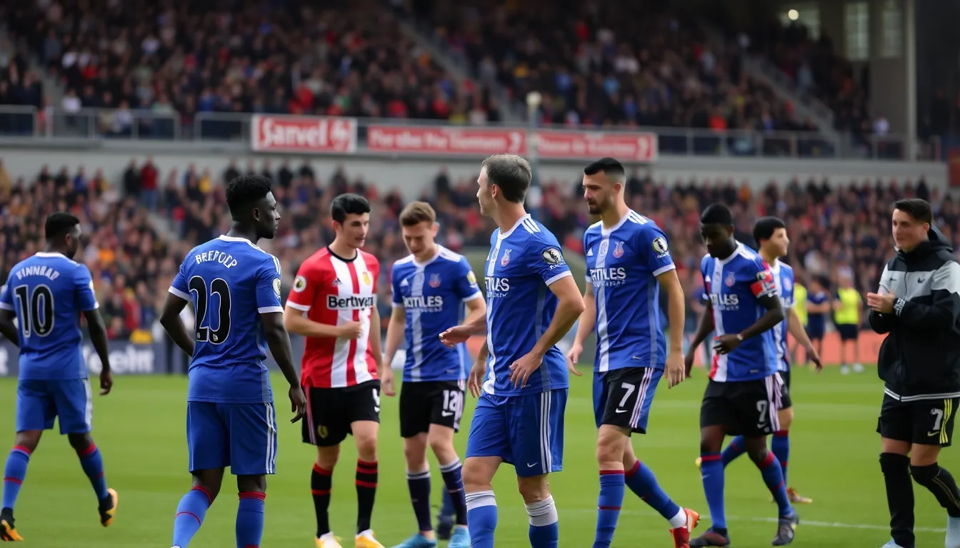 Players from Brentford and Crystal Palace celebrate a goal during their intense 22 draw, with fans cheering in the background at the stadium.