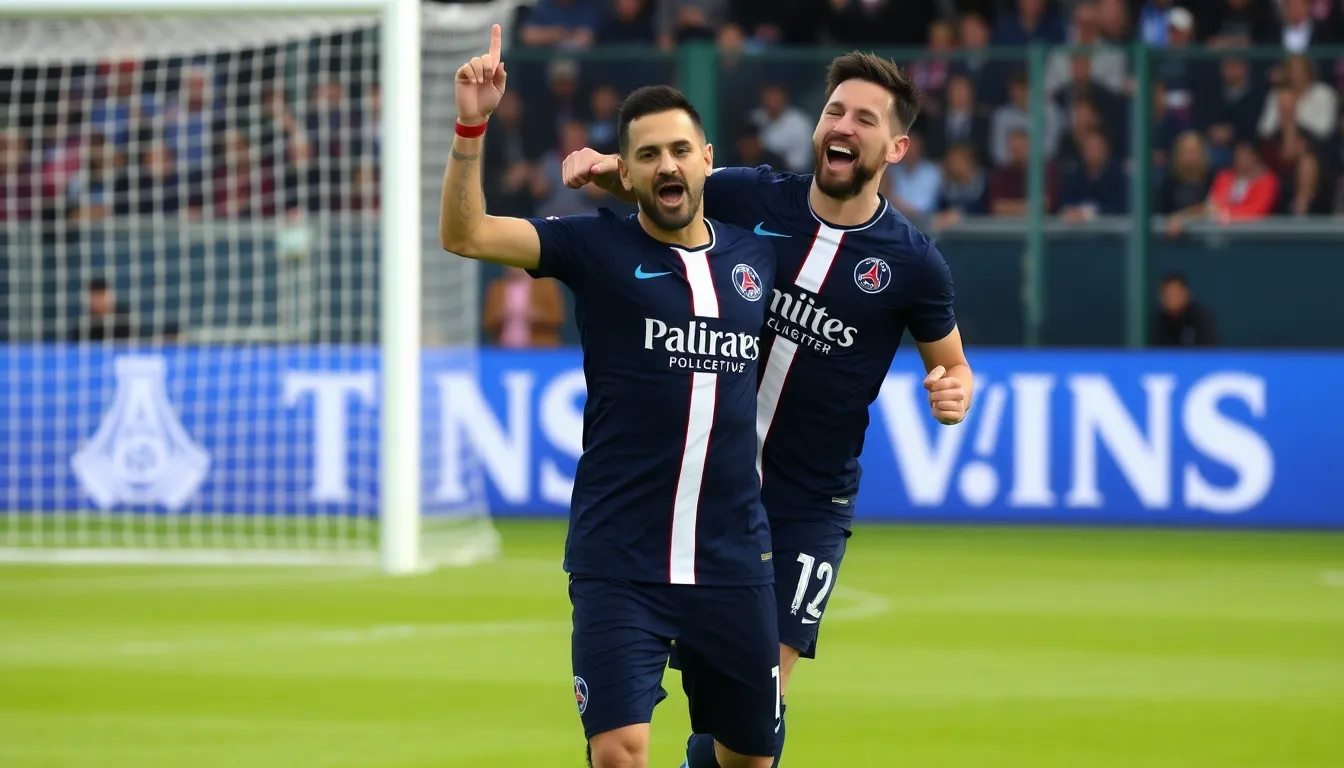 Fans cheering passionately in the stands, illustrating the intense rivalry and support for both Arsenal and PSG as they navigate their respective leagues