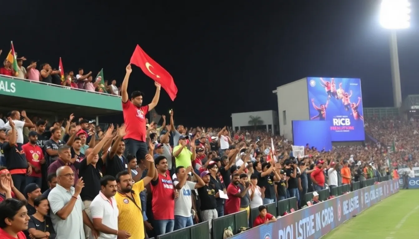 RCBの選手たちがムンバイ・インディアンズに勝利し、歓喜の中でチームメイトと抱き合っているシーン。