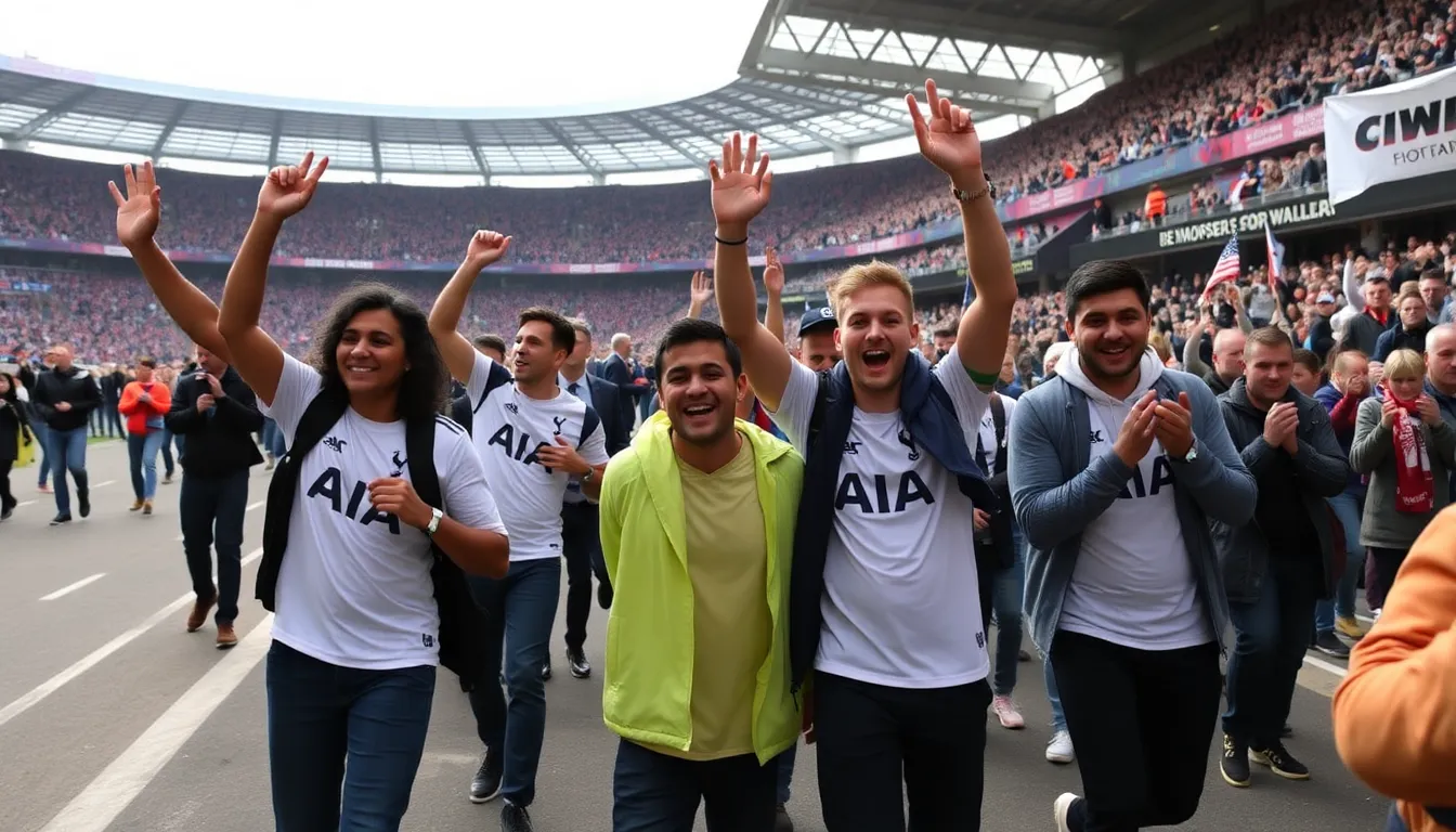 Richarlison celebrates with teammates after scoring the winning goal for Tottenham against Aston Villa at the Tottenham Hotspur Stadium.