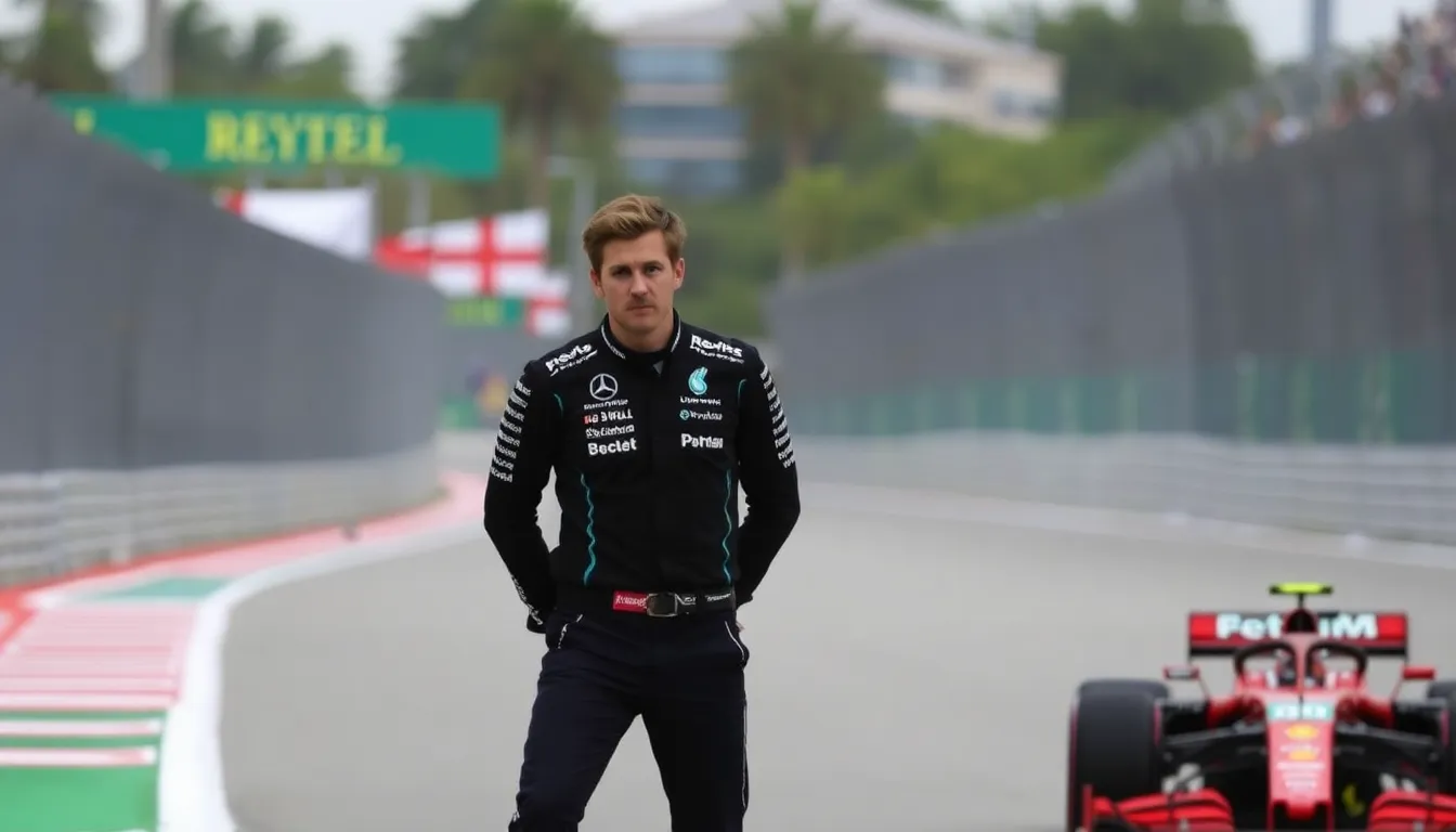 George Russell stands on the track with a look of disbelief after finishing fifth in the Miami Grand Prix, as rival teams Red Bull and Ferrari celebrate their superior performance.