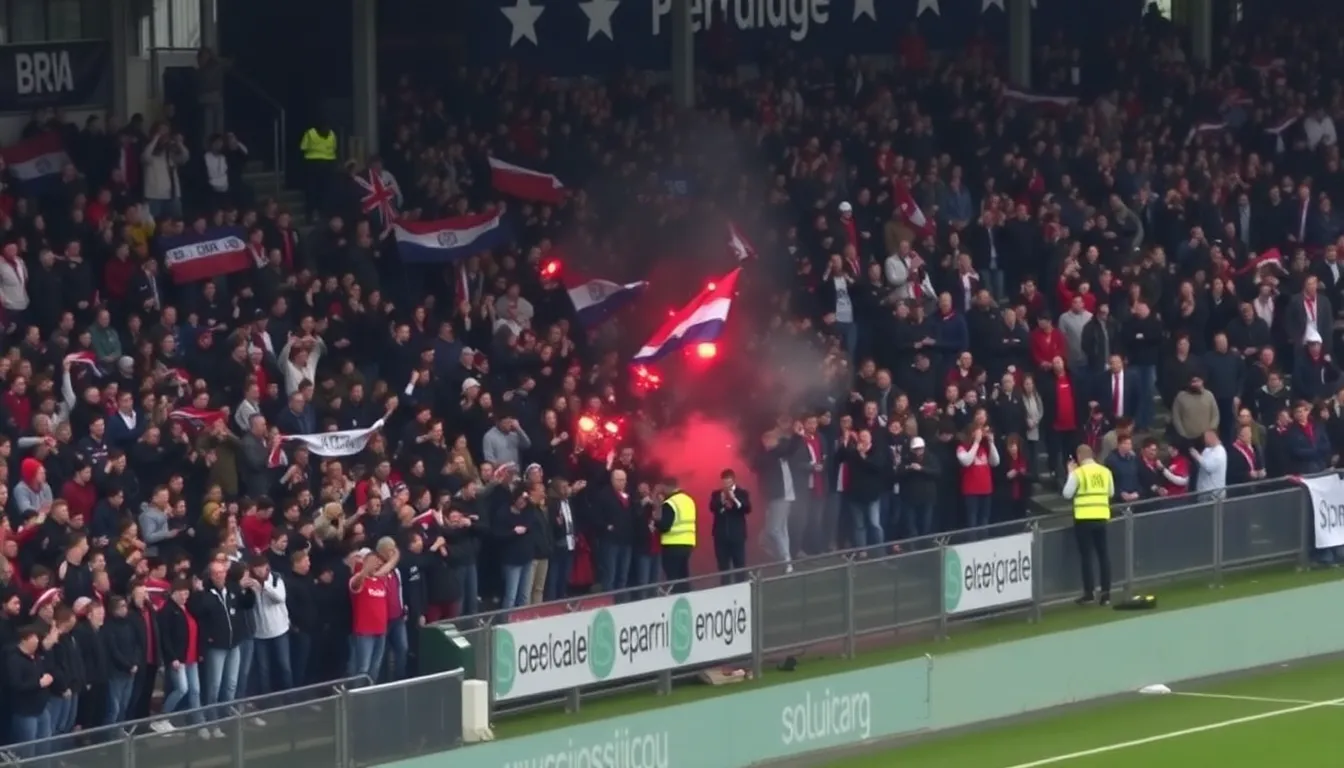 Fans in the stands react with anger and frustration as the derby match between Slavia Prague and Sparta Prague is abruptly halted due to crowd disturbances.