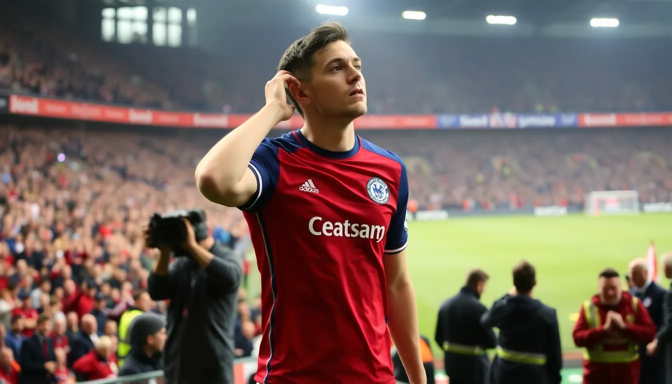 James Tavernier stands on the pitch at Ibrox Stadium, visibly emotional as fans applaud and show their appreciation following the team's narrow defeat to Celtic in his farewell match.