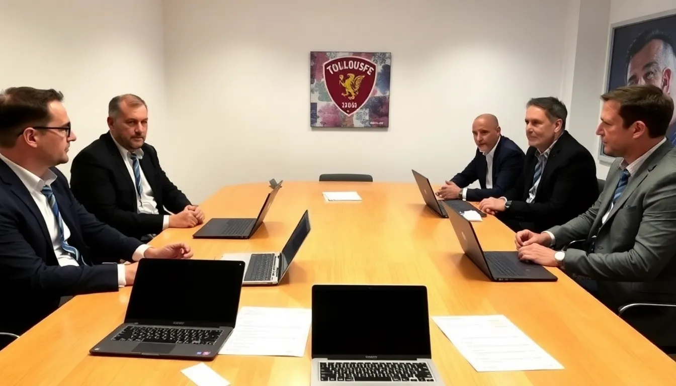 Stuart Askou, the manager of Motherwell, is seen discussing tactics with his coaching staff during a training session as speculation grows about Toulouse's interest in him for a managerial role.