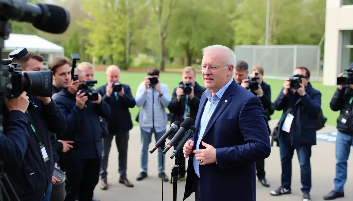 Viaplay's CEO announces the extension of exclusive UEFA broadcasting rights during a press conference, emphasizing the importance of these tournaments for fans in the Nordic region.