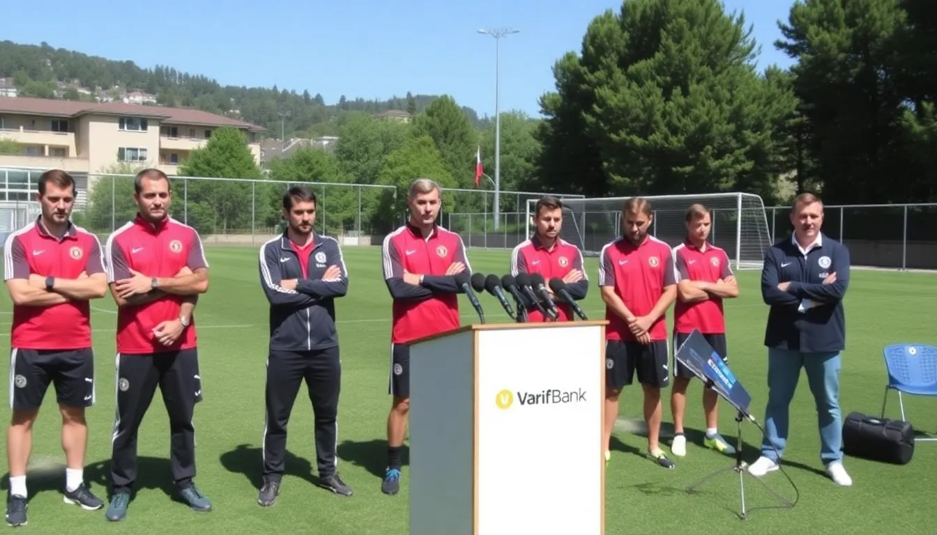 A group of Turkish athletes and coaches gather at a press conference to celebrate VakıfBank's announcement of financial support for national teams, showcasing a banner that highlights the bank's commitment to enhancing sports in Turkey.