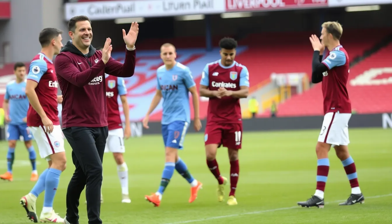Aston Villa players celebrate on the pitch after securing a hardfought victory against their rivals, showcasing their determination and teamwork.