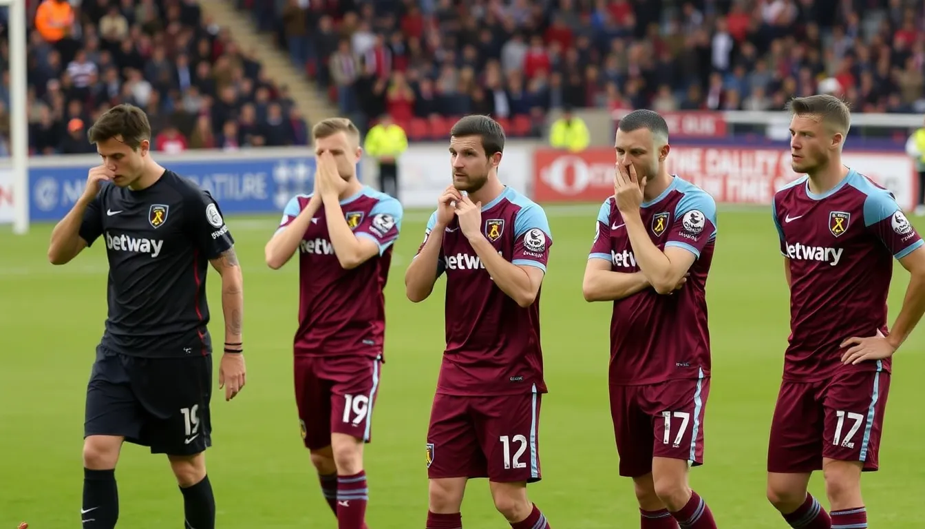 A tense moment on the pitch as West Ham players regroup after conceding a goal, highlighting their struggle to maintain confidence in the face of adversity