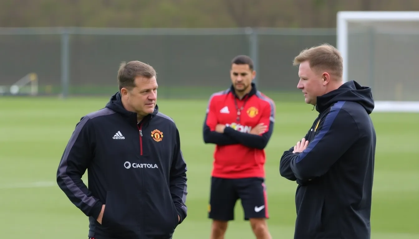 Manchester United players gather on the training pitch as they strategize and prepare for upcoming matches in the absence of suspended midfielder Casemiro.