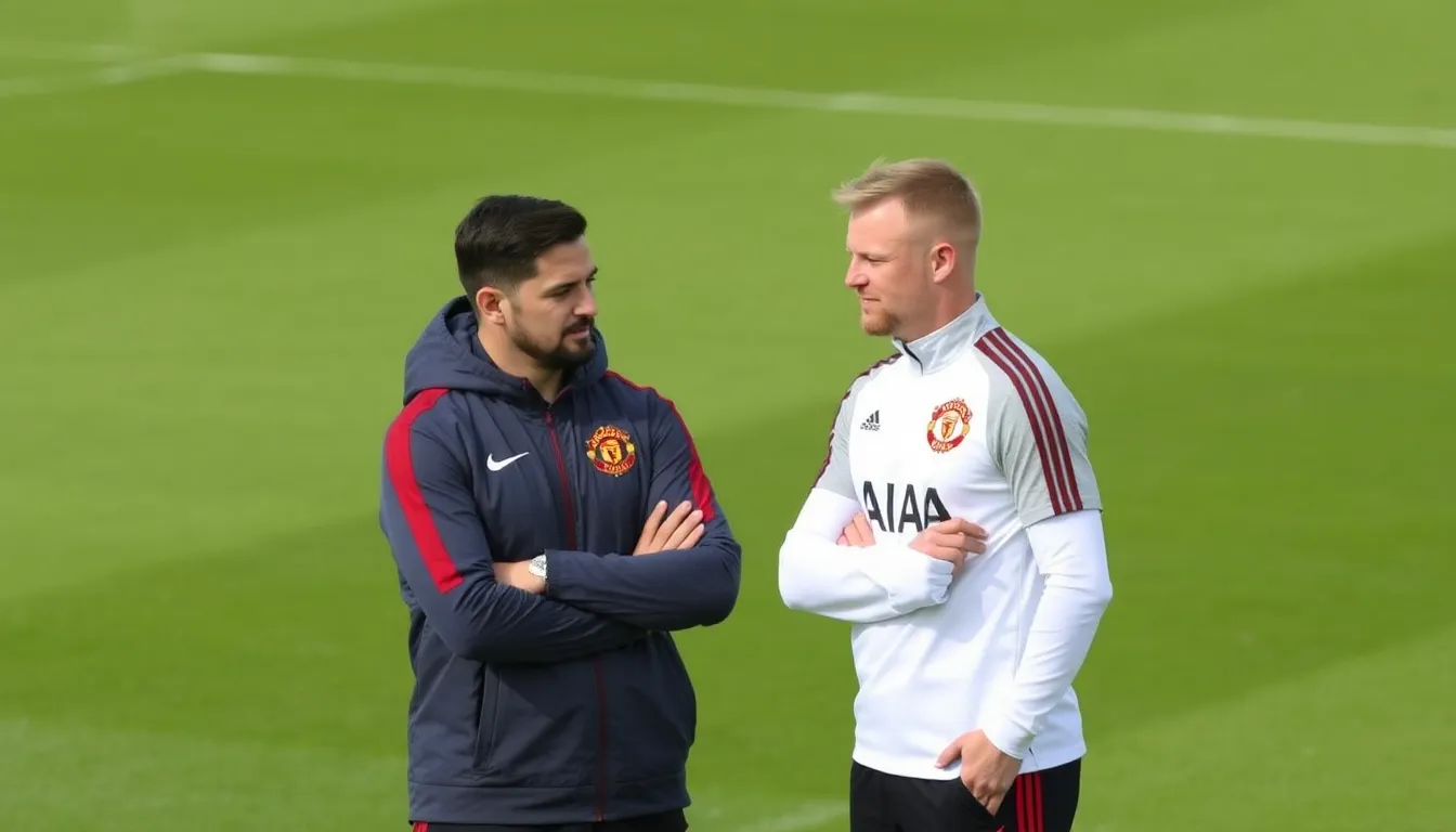 Sofyan Amrabat discussing tactics with manager Erik ten Hag, emphasizing the team's focus on finding a suitable replacement for Casemiro